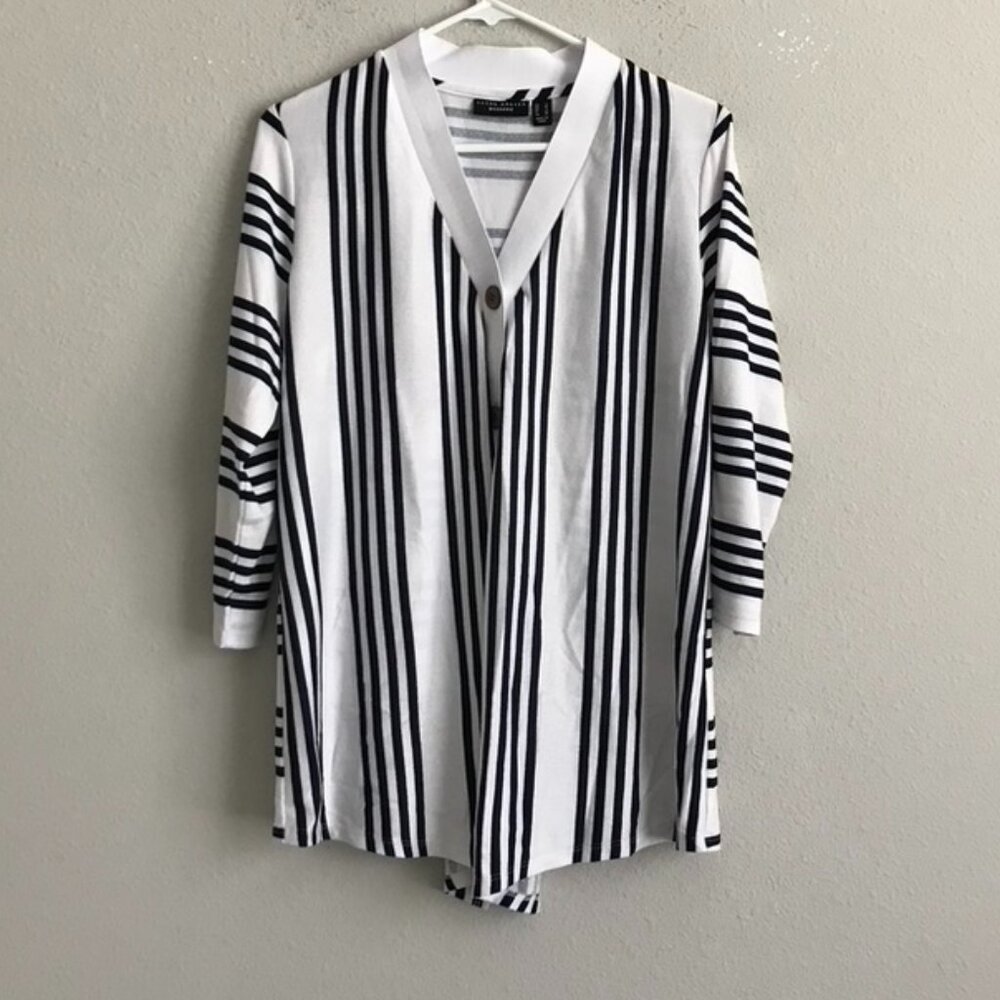 Susan Graver Weekend Striped Light Sweater Knit Cardigan - Navy (Sz S) a397430
